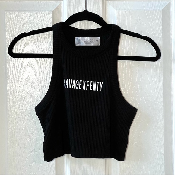⭐️ NWOT Savage X Fenty Xssential Heavy Ribbed Cropped Logo Black Tank SZ MEDIUM - Picture 5 of 13